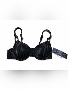 Aqua Couture NWT Black Gold Metallic Stripe Underwire Ring Bikini Top Small